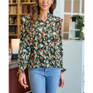 Hailey & Co Floral Ruffle Peasant Blouse Small Boho Cottagecore Fall Top